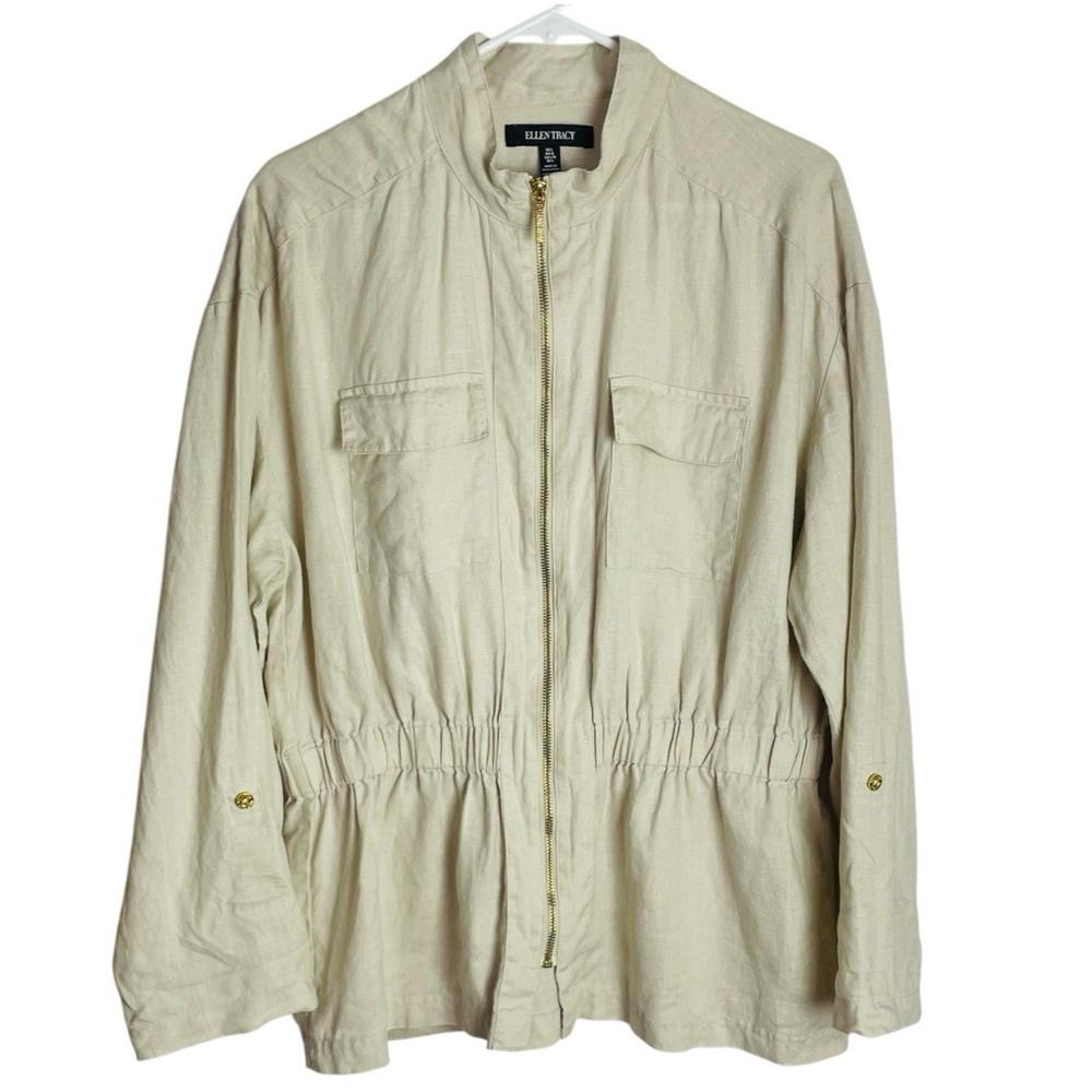 Ellen Tracy 100% Linen Anorak‎ Jacket Womens L Beige Full Zip Roll Tab Sleeve